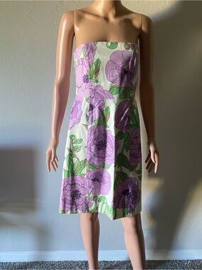 LOFT Strapless Floral Dress in Lavender, White and Green